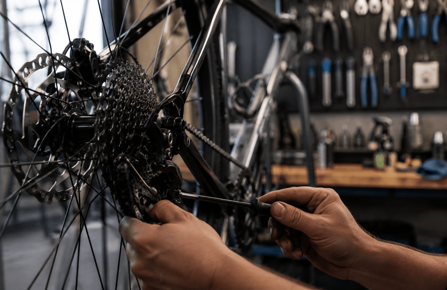 Professionel cykelreparation i værkstedet — hjul og eger